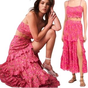 Caroline Constas Cotton Floral Embroidered Eyelet Tired Midi Skirt  Set Large